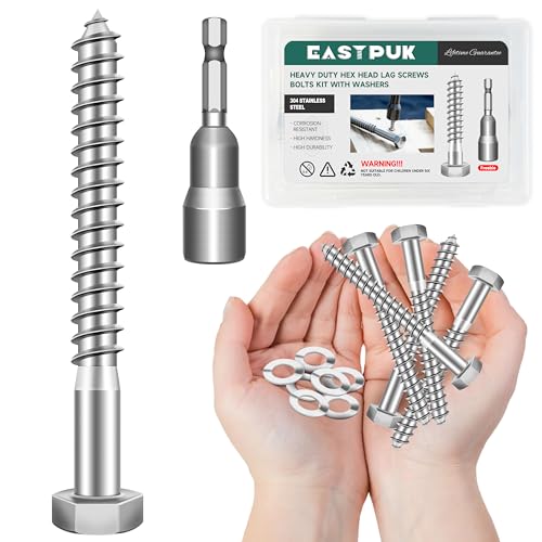 (10Sets) 3/8" x 3-1/2" Hex Head Lag Bolts, Heavy Duty Lag Screws with Washers, 304 Stainless Steel 18-8, 3/8 Bolt for Wood, Partial Thread - size: 3/8" x 3-1/2"