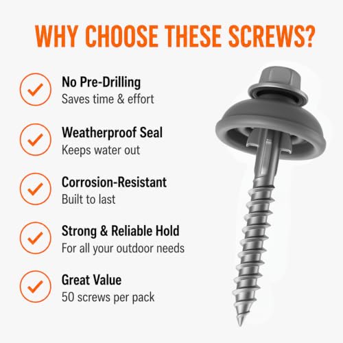 Polycarbonate Tapping Screws for Wood – 2" Outdoor Screws with Expansion Cutters & Sealing Dome Washers – Waterproof, Anti-Corrosion – Fencing & Exterior Projects 50 Pack