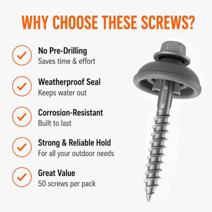 Polycarbonate Tapping Screws for Wood – 2" Outdoor Screws with Expansion Cutters & Sealing Dome Washers – Waterproof, Anti-Corrosion – Fencing & Exterior Projects 50 Pack