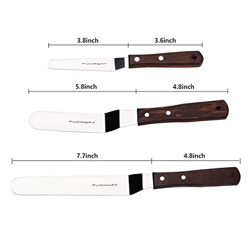 Offset Cake Icing Spatula Set of 3 Professional Stainless Steel Decorating Frosting Spatulas (4"-6"-8" Flexible Resistant Blade) Angled with Wooden Handle - size: 4" & 6" & 8" Offset spatulas