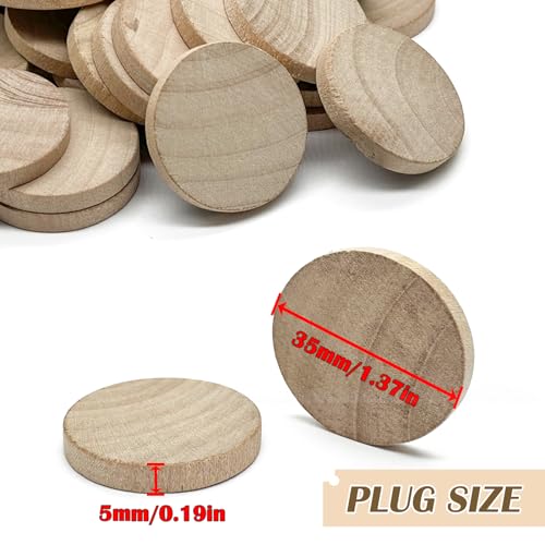 30Pcs Flat Head Wood Plugs,Screw Hole Plugs,Wooden Hole Plugs,Buttons Wood Plug,Wood Screw Covers for Furniture Tables Chairs(35x5mm)