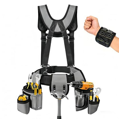 Tool Belt with Suspenders, Tool Belts for Men, Magnetic Wristband & Detachable Pouch – Heavy Duty Adjustable Belt for Electricians, Carpenters, DIY, Construction,Gift (Gray, Universal) - color: Gray