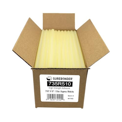 Surebonder 735R510 Full Size 10" High Strength Hot Glue Sticks for Cardboard, Plastic, Wood, Metal - 90 Glue Sticks, Amber, 5 lb Box