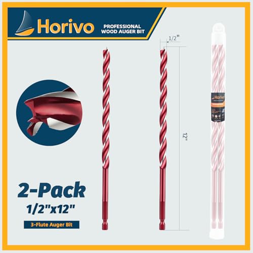 2-Pack 3-Cutter Edge Wood Auger Drill Bit, 1/2" x 12" Heavy Duty Long Ship Auger Bit with 4-Hex Positioning Tip, Fast Boring Carbon Steel Deep Hole Drilling Bit, Hex Shank - size: 1/2" x 12" (2 Pack)