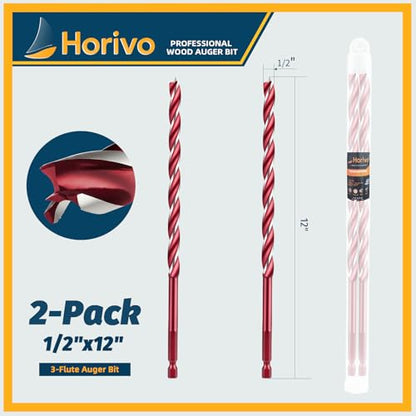 2-Pack 3-Cutter Edge Wood Auger Drill Bit, 1/2" x 12" Heavy Duty Long Ship Auger Bit with 4-Hex Positioning Tip, Fast Boring Carbon Steel Deep Hole Drilling Bit, Hex Shank - size: 1/2" x 12" (2 Pack)