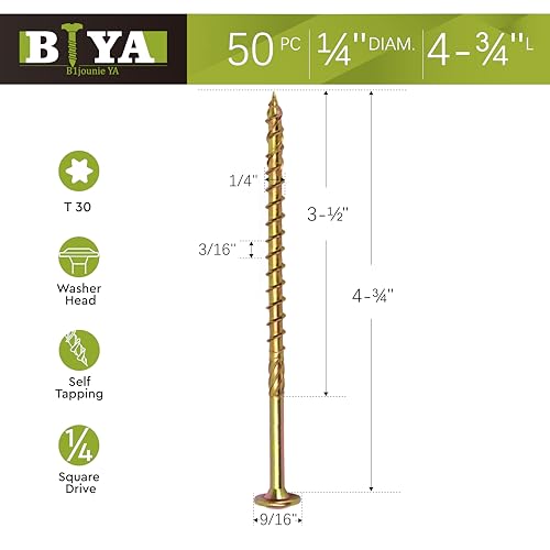 Structural Lag Screws 1/4" x 4-3/4" 50PCS Heavy Duty Wood Screws - size: 1/4" x 4-3/4" - 50 SCREW COUNT