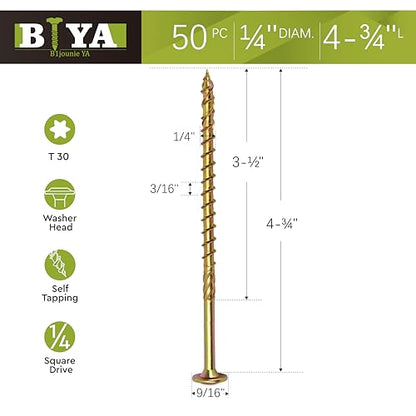 Structural Lag Screws 1/4" x 4-3/4" 50PCS Heavy Duty Wood Screws - size: 1/4" x 4-3/4" - 50 SCREW COUNT
