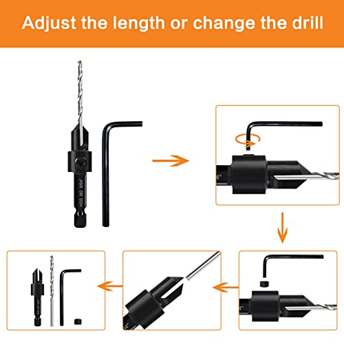 5-pc Woodworking Countersink Counterbore Drill Bit Set 3in1 for #6 8 10 12 16 Screws, M2 Pilot Drill Bits Adjustable Depth, 82-Degree Chamfer with Stop, 1/4” Hex Shank, Includes 2 Allen Wrenches - size: 5Pack Countersink Drill Bits