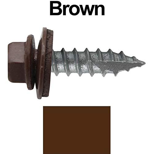 14 x 1 Brown Metal Roofing Screws - Hex Washer Head- Self-Starting/Tapping - EPDM Washer. 1 x 250 Count Bag - 250 Screws - color: BROWN, size: 1"