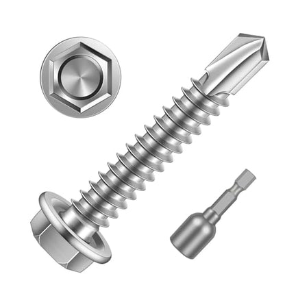 #14 x 1-1/2" (3/4" to 3" Available) Hex Washer Head Self Drilling Sheet Metal Screws with Drill Point, Stainless Steel 410, 50 PCS - color: Silver, size: #14 x 1-1/2"