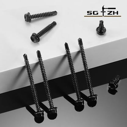 #8 x 1-1/4" Self Drilling Screws (158Pcs) Hex Washer Head 410 Stainless Steel Self Tapping Screws for Metal Sheet Metal Screws Black Oxide with Hex Socket Included - color: Black, size: #8 x 1-1/4"