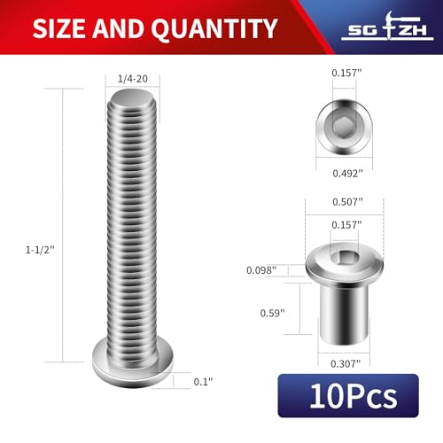 1/4-20 x 1-1/2" 10Pcs Flat Head Hex Socket Cap Screws Bolts Barrel Nuts Kit, 304 Stainless Steel 18-8, Full Thread by SG TZH (with Hex Spanner) - color: Silver, size: 1/4-20 x 1-1/2"