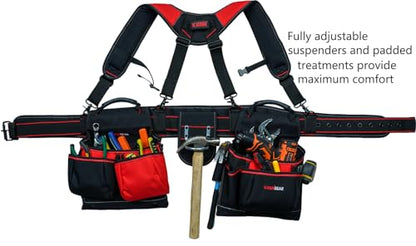 KUNN Tool Belt with Suspenders - Pro Framer Belt/Suspenders Combo Apron(Removable Pouch and Waist Belt) with Multiple Pockets & Hammer Holder for Carpenter,Construction and Electrician,Red