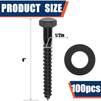 Tandefio 100 Pack 1/2''X 4'' Lag Bolts Screw with Washer Galvanized, Black - size: 1/2''x 4''