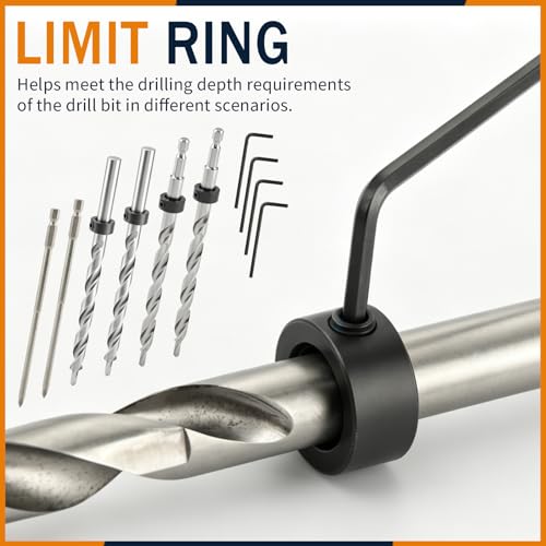 4 Pcs 3/8" Pocket Hole Drill Bit with Depth Stop Collars & SQ2 Screwdriver Bit Set, 1/4" Hex Shank & Round Shank Replacement Drills for Manual Pocket Hole Guide Jig Master System