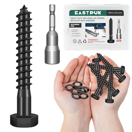(10Sets) 3/8" x 2-1/2" Hex Head Lag Bolts, Heavy Duty Lag Screws with Washers, 304 Stainless Steel, 3/8 Bolt for Wood, Partial Thread, Black Oxide - size: 3/8" x 2-1/2"
