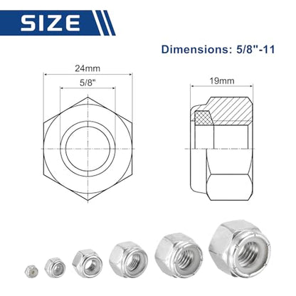 5Pcs 5/8"-11 Nylon Locking Hex Nuts 304 StainlessSteel Silver - color: Silver, size: 5/8"-11