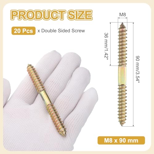 MECCANIXITY 20 Pcs Double Ended Screws, M8 x 90 mm Carbon Steel Hanger Bolts, Self-Tapping Wood Dowel Screws for Wood Joint Furniture, Color Zinc - size: M8 x 90 mm