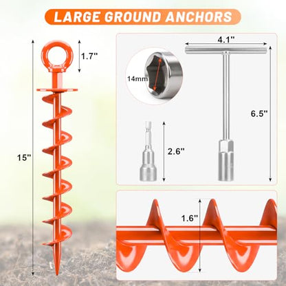 FEED GARDEN Ground Anchors Screw in Heavy Duty, 4 Pack 15 Inch Spiral Earth Anchors for Trampoline Anchors High Wind, Swing Set Anchors, Tent Stakes, Dog Tie Out & Canopy Stability, Orange