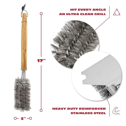 BBQ-AID All Angles BBQ Grill Brush for Outdoor Grill – Cleans All Angles, Large Wooden Handle, and Stainless Steel Bristles - BBQ Brush for Grill Cleaning – Grill Cleaner Brush Safe for BBQ and Grill