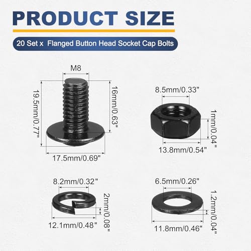 M METERXITY 20 Set M8 x 16mm Flanged Button Head Socket Cap Screws, Black 304 Stainless Steel 18-8 Hex Socket Head Screws Bolts, Nuts, Flat & Lock Washers for DIY, Furniture, Automotive - size: M8 x 16mm