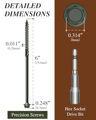 50Pcs #14 x 6 Deck Screws Hex Flanged Head Lag Screw Bolts, Epoxy Coated Rust Resistant Exterior Structural Wood Screws 6 Inch, Hex Socket Included Green Outdoor Decking Screw for Wood Fence - size: 14 x 6"