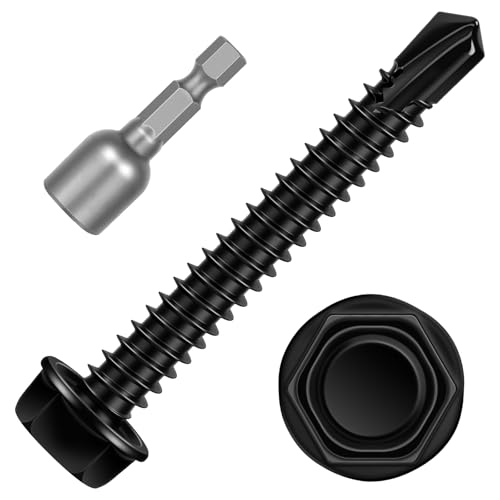 #10 x 1-1/2" Hex Washer Head Self Tapping Screws, TEK Screws, Self Drilling, Stainless Steel 410 Sheet Metal Screws, Black Finish, 100 PCS - color: Black, size: #10 x 1-1/2"