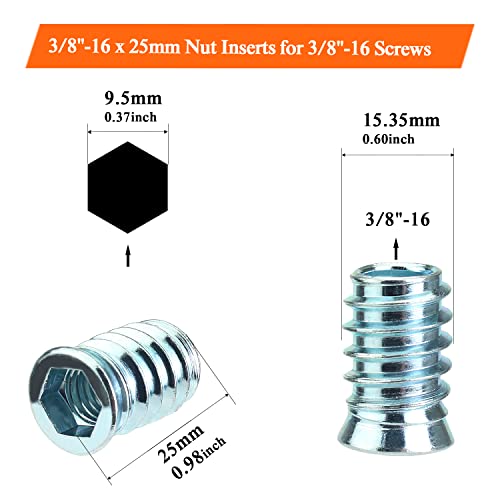 HELIFOUNER 15 Pieces 3/8”-16 x 25mm Threaded Inserts with Hex Wrench for Wood Furniture, 3/8-16 Threaded Inserts, Wood Inserts, Blue Zinc Plated Carbon Steel Threaded Inserts for Wood Furniture Screw - size: 3/8"-16 x 25mm