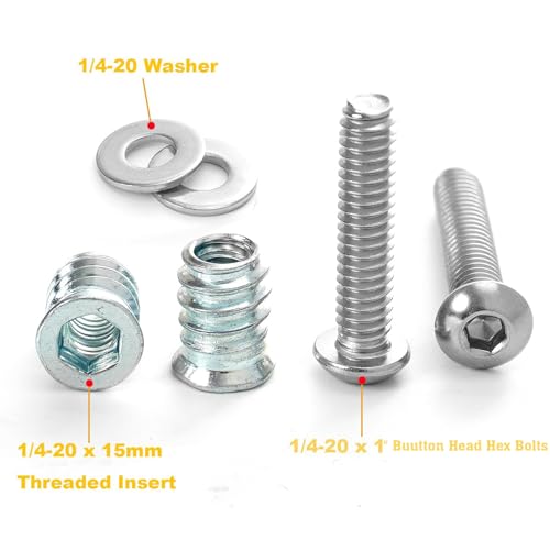 1/4-20 Threaded Inserts for Wood with Bolts Fully Threaded Button Head Hex Socket Screws 1" and Washers 40-Set - size: Threaded Insert & 1" Bolts