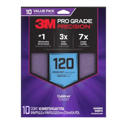 3M Pro Grade Precision Sanding Sheets with No-Slip Grip, 9 x 11 in, 120 Grit, 10-Pack (SHR120-PGP-10T) - style: 120 Grit, 10 Sheets, 9" x 11"