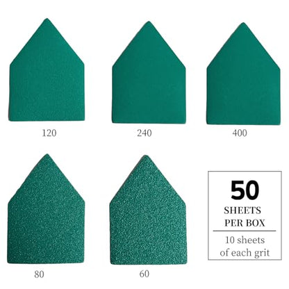 90mm x 65mm Triangle Sanding Sheet Assortment, Fits Milwaukee M12 Fuel Sanders, 60, 80, 120, 240, 400 Grit, Heavy-Duty Hook & Loop Film Sandpaper, Detail Sander Sandpaper and 1 Sanding Interface Pads - style: 50pcs(Mixed Grit)