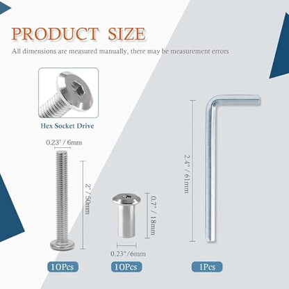 M6x50mm Hex Drive Socket Cap Bolt, Silver, 10 Pair (20 Piece) - color: Silver, size: M6x50mm