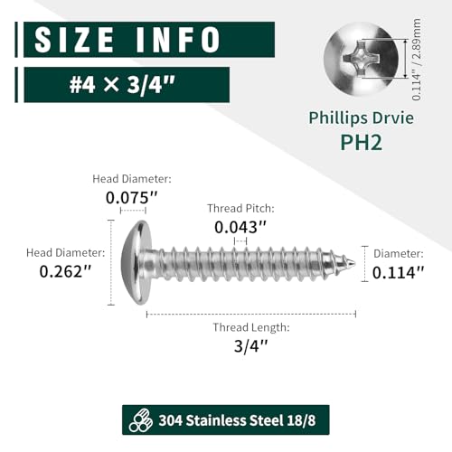 #4 x 3/4" Truss Head Wood Screw, Phillips Truss Head Self Tapping Sheet Metal Tek Screw, 18-8 Stainless Steel 304, Brgiht Finish, 100 PCS - size: #4 x 3/4"