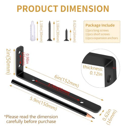 LSK 6PCS L Bracket, L 6"×H 2" Shelf Support Bracket, Max Load :42lb, Black - color: Black, size: 6x2 inch (light duty)