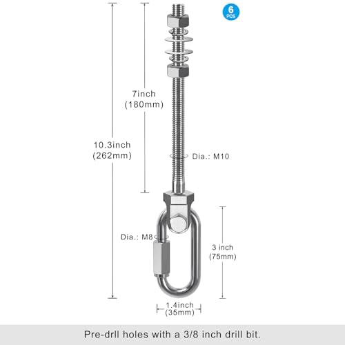Dolibest Heavy Duty Swing Hanger, 304 Stainless Steel Swing Bolts w/Quick-Connect Carabiner, Swing Hook w/Dual-Screw Locking for Hammock, Yoga Swing, Porch Swing for Wood/Metal Beam-(M10X7'')-1500LB - color: M10X7''-6PCS