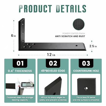 Countertop Support Brackets 4 Pack L Bracket Countertop Brackets 12" x 6" x 2.5" Heavy Duty 3/8" Thick Shelf Brackets Metal Corbels L Shape Bracket for Wood Shelf/Quartz/Granite/Concret Countertops - size: 12 Inch, style: Black-4 Pack