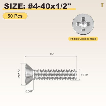 METALLIXITY #4-40x1/2 Phillips Flat Head Bolts 304 Silver 50Pcs - color: Silver, size: #4-40x1/2"