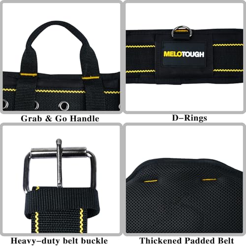 MELOTOUGH Padded Tool Belt for Men with handle strap, Heavy-Duty Work Belt with D ring, Adjustable Waist 36"-47" for Electrician (Tool Belt Suspenders Not Included)