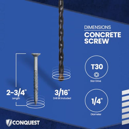 Conquest T-30 Flat Head Concrete Screws with Drill Bit 1/4” x 2-3/4” - size: 1/4" x 2-3/4"