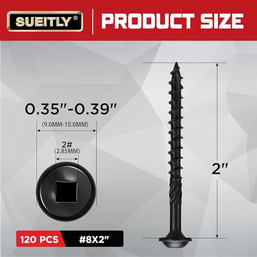 Pocket Hole Screws #8 x 2, 120 PCS Black Square Drive Wood Screws, Self Tapping Screws for Wood Projects - size: #8 x 2"