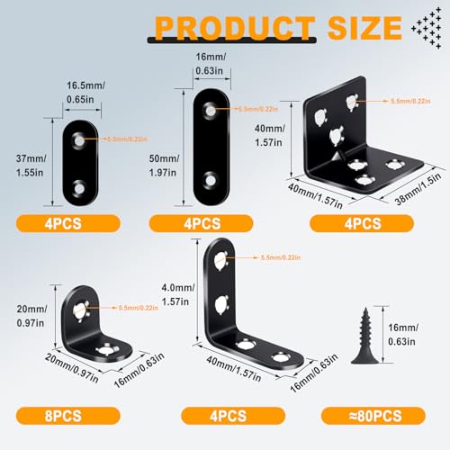 24PCS Stainless Steel L Brackets, Heavy Duty Corner Braces for Wood Furniture & Shelves, 5-Size Black Metal Angle Brackets with Screws(0.79/1.2/1.4/1.57/1.97inch) - size: 100PCS 5 Sizes L Brackets-Black