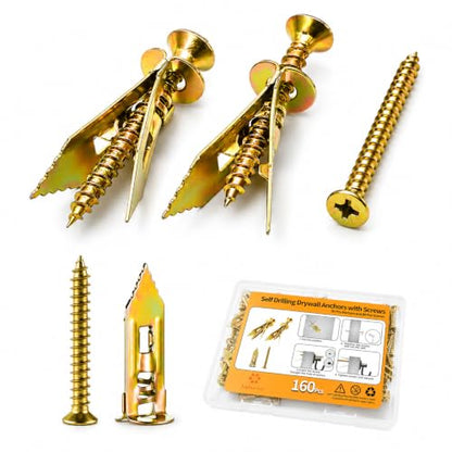 Jyphorixal 160 PCS Self Drilling Drywall Anchors with Screws Kit, Heavy Duty Metal Wall Anchors for Drywall, Sheetrock Anchors 0.47x1.18inch with Screws, No Drill Dry Wall Anchors and Screws Kit - size: 160Pcs 0.47X1.18inch