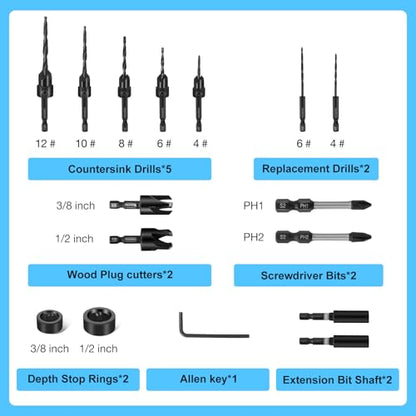 FACAINCXS Countersink Drill Bit Set for Wood, 16 PCS High Speed Steel Woodworking Tapered Drill Bits Counter Sink Drill Bit with 2PCS 1/4" Hex Shank Wood Plug Cutter Quick Change with Storage Box