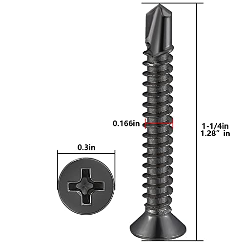 Wensilon（250pcs）#8×1-1/4”for Sheet Metal Self-Tapping Screws 410 Black Stainless Steel Flat Head High-Strength Quick self-Drilling Screws - color: Black, size: #8X1-1/4"