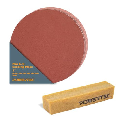 POWERTEC 110344 9 Inch PSA Sanding Discs & Abrasive Cleaning Stick Set | Assorted Sandpaper 30PK - 5 Each of 60,80,100,120,180,240 Grits for Drywall, Woodworking, Random Orbital Sanders, DA Sanders - style: 60-240 Grits, w/ Cleaning Stick