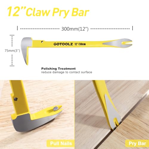4-Piece Pry Bar Set, 12-Inch Utility Claw Pry Bar, 10-Inch & 7.5-Inch Flat Pry Bars Crowbar Claw, 8-Inch End Cutting Pliers, Nail Remover Tool for Baseboard, Floor, Nails Removal (Yellow 2026)