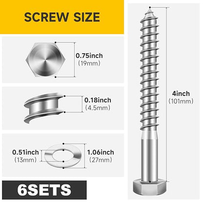 Mywish (6Sets) 1/2" x 4" Hex Head Lag Bolts, Heavy Duty Lag Screws with Washers, 304 Stainless Steel Bolts 18-8, Lag Screws Wood Screws, Partial Thread Bright Finish, 1/2 Bolt - size: 1/2 x 4" (6 set)