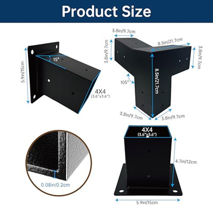 15° Slanted Roof Wall Mounted Pergola Bracket Kit 4x4, Including 2 Wall Bases, 2 105 ° 3-Way and 2 Bases, Angled 4x4 Wooden Beams Lumber Gazebos Patio Pergola Sheds Lean to Porch Roof - size: 4x4 Angled 4pcs + Base 2pcs