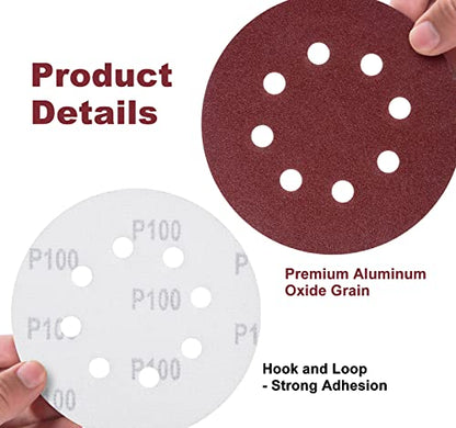 S SATC 150 Pcs Hook and Loop Adhesive Sanding Discs 5 Inch 8 Hole Sandpaper 100 Grit Aluminum Oxide Sander Pads for Random Orbital Sander - style: 150PCS 5 Inch 100 Grit