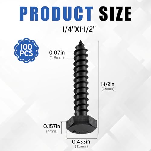 Zonon 100 Pcs 1/4" x 1-1/2" Hex Head Lag Screws 304 Stainless Steel Lag Bolts Heavy Duty Hexagon Head Wood Screws, Black
